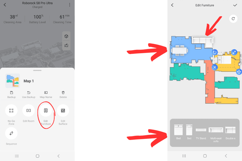 Предметы мебели размещаются на карте Roborock S8 Pro Ultra.